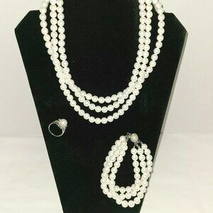Simulated Pearl Tri-strand Necklace, Bracelet and Ring Set